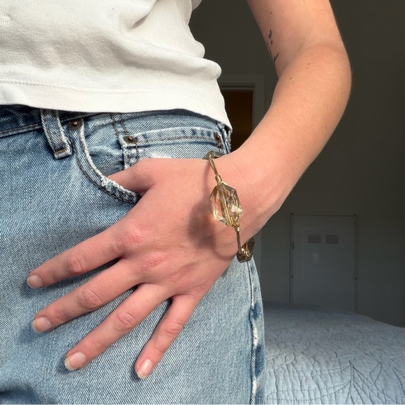 Gold Wire Bangle Bracelet w/ Faceted Champagne Beads - Picture 2 of 5